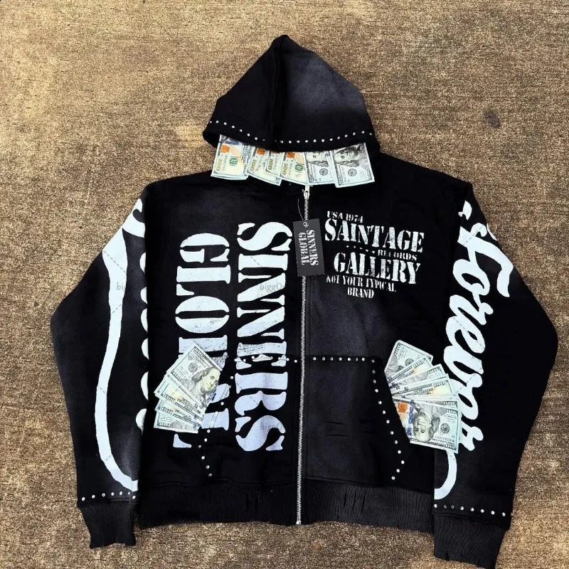 Harajuku Retro High Street Colorful Clothing American Hiphop Trendy Zipper Hoodie Men Rock Street Oversized Sweatshirt Women 250818