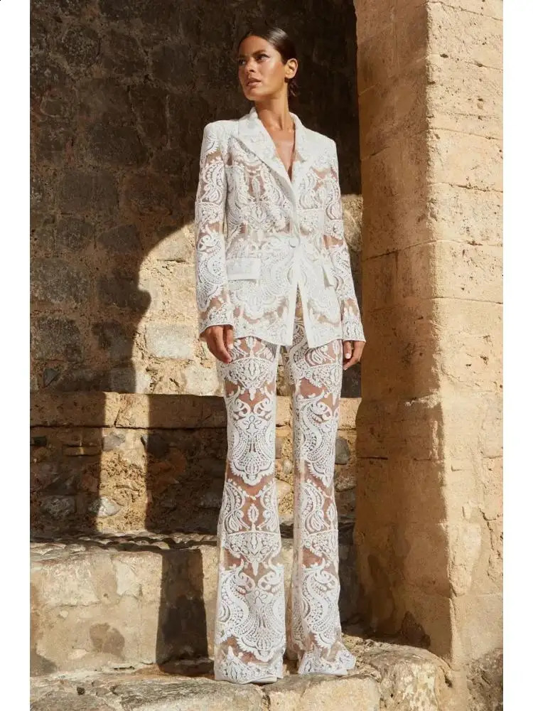 Summer Fashion One Button Mesh ed Sequins Elegant Lace Suit And Pants Trousers Sets For Women 2 Pieces 250826