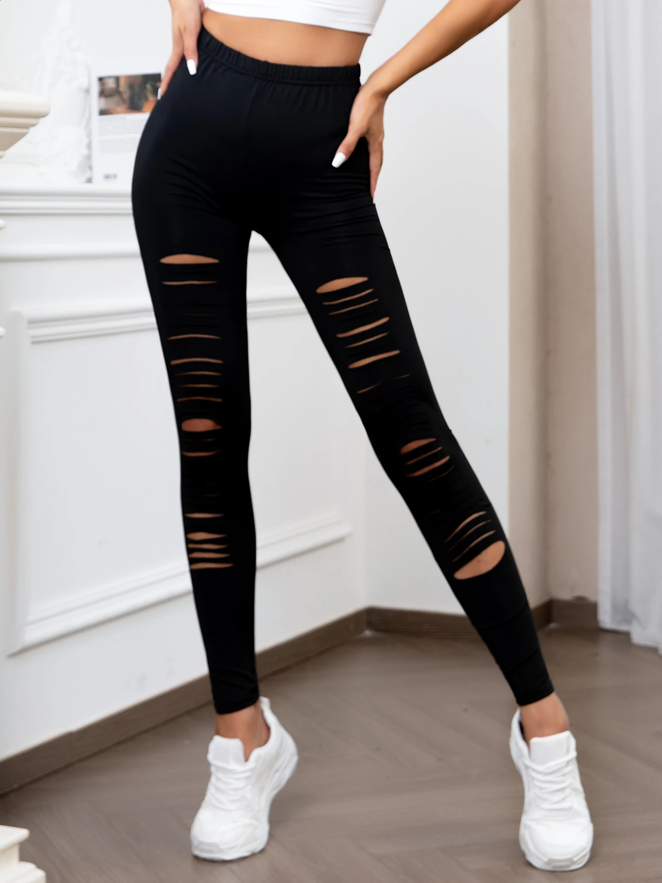 Europe And The United States Highwaisted Leggings Personality Ripped Stretch Nine Pants Solid Color Tight Leggings Women 250827
