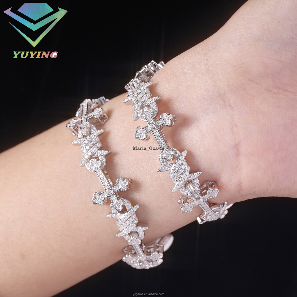 New Arrival Pass Diamond Tester 925 Sterling Silver Moissanite Diamond Cross Spiked Bracelet Iced Out Men Women Fine Jewelry