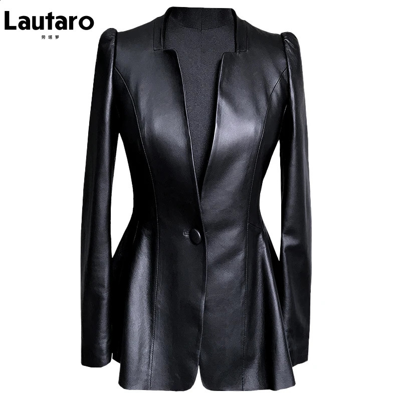 Lautaro Autumn Black Slim Soft Pu Leather Jacket Women Deep V Neck Long Puff Sleeve Elegant y Skirted Blazer Fashion 250827
