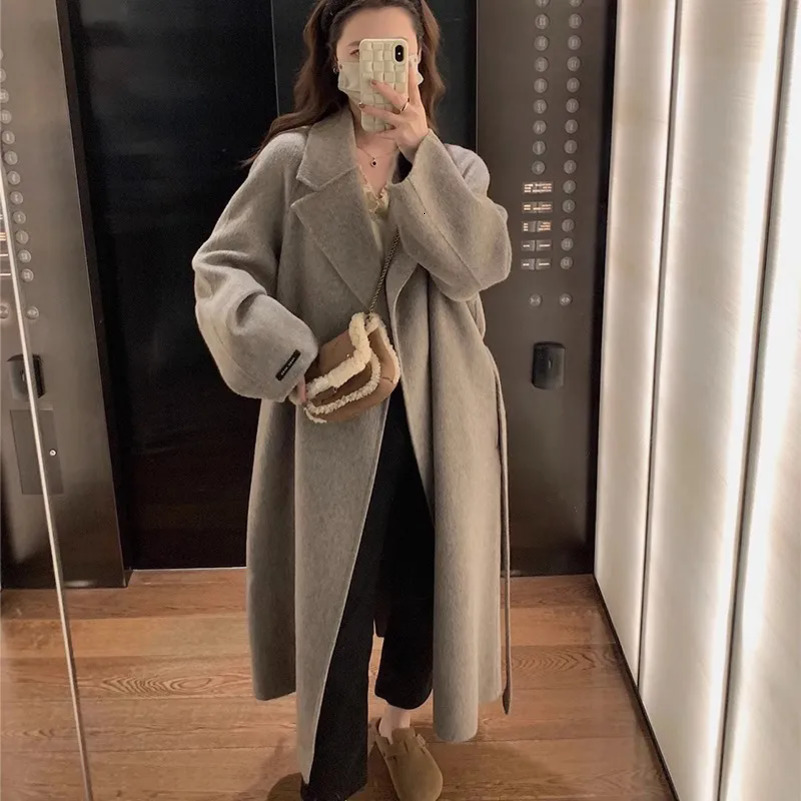 Casual Woolen Windbreakers Womens Overcoat Autumn Winter Korean Loose Medium Long Doublesided Woolen Trenchcoat Coat 250826