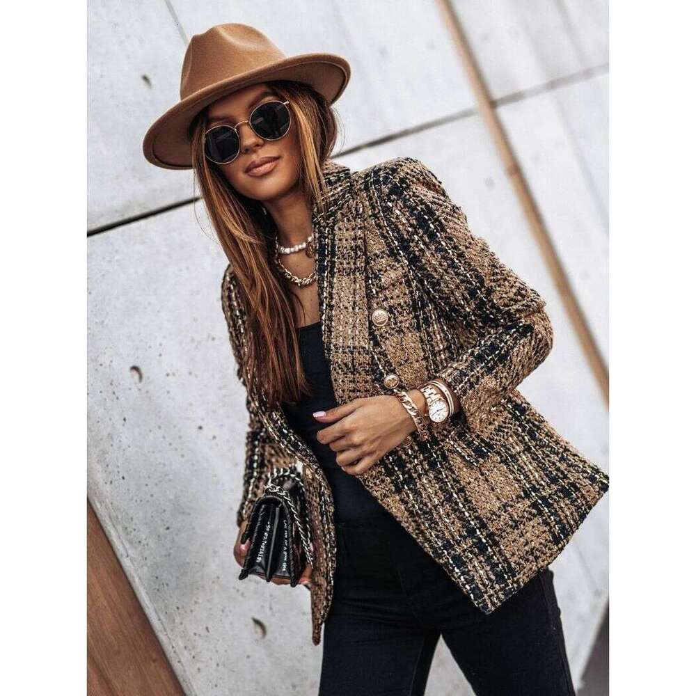 Women's Fur Women's Clothing Autumn And Winter Long Sleeved Double Breasted Suit Collar Printed Small Jacket