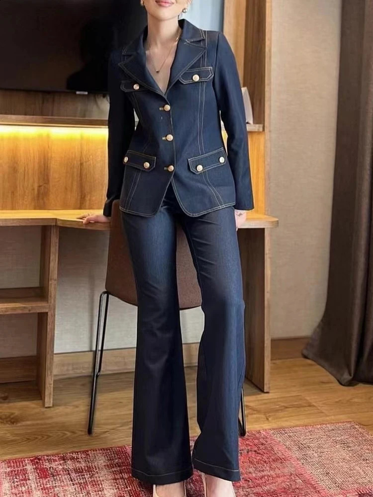 Fashion casual womens suit spring temperament singlebreasted longsleeved lapel coat trousers twopiece 250827
