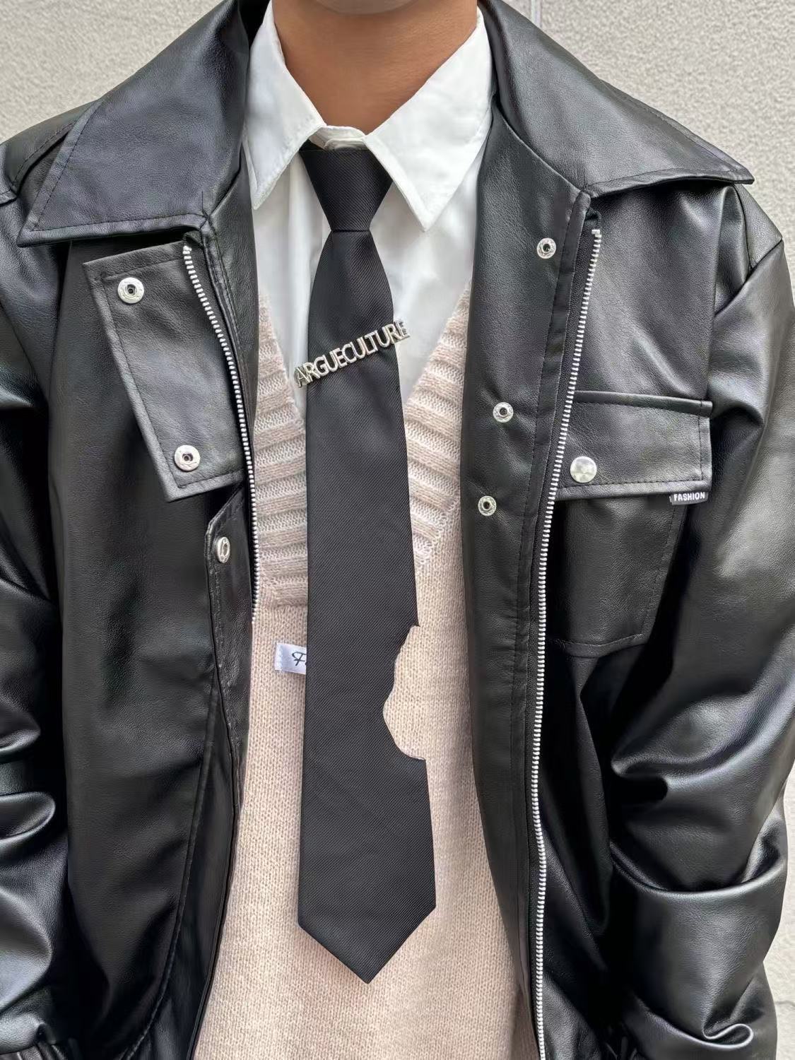 Shirt with niche metal ties men designer logo leather patch design sense tie black pre tied adjustable high end decoration designer tie