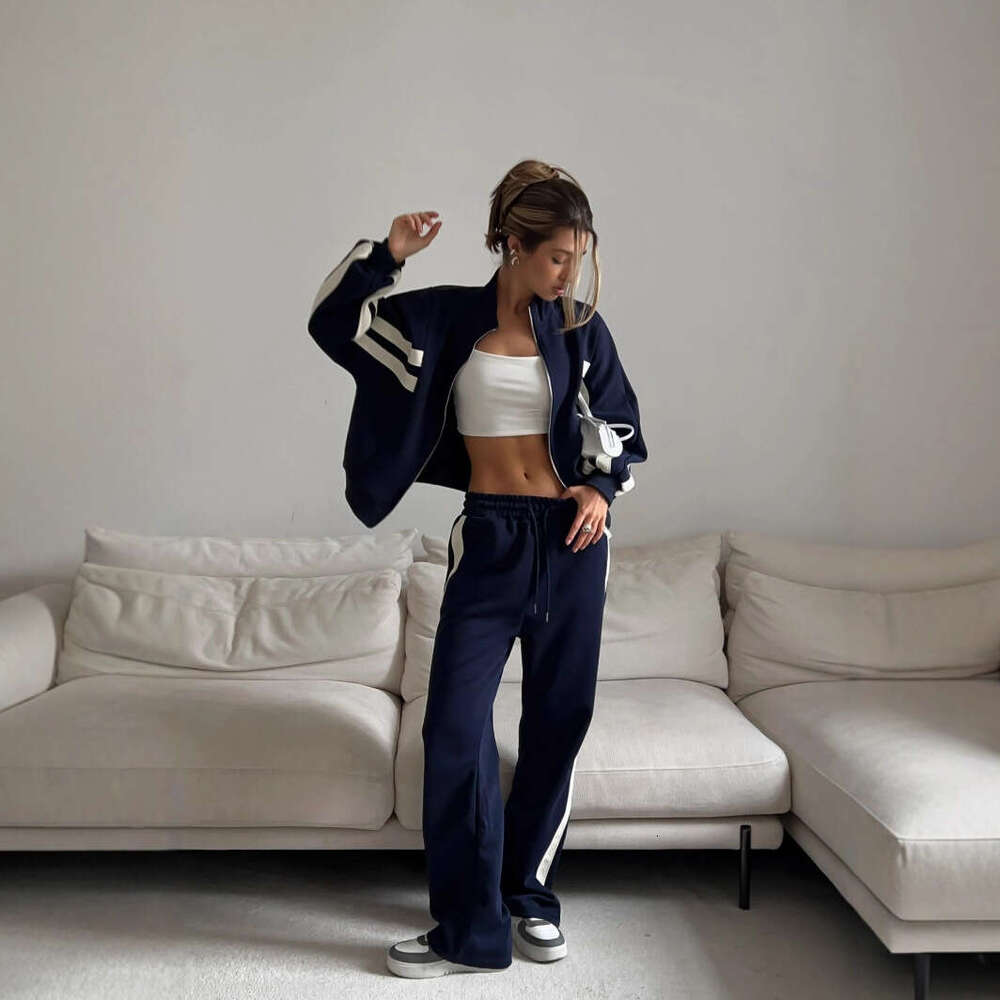 Bestseller 2025 New Casual Wide Stripe Patchwork Women's High-End Spring Sweatshirt Straight-Leg Pants Two-Piece Set Autumn Ddmylion
