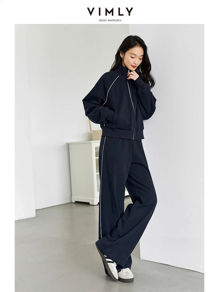 VIMLY Women Winter Casual Sporty 2 Piece Set Fleecelined Thickened Sweatshirts Suits Office Lady Simple Tracksuit Warm Outfits 250826