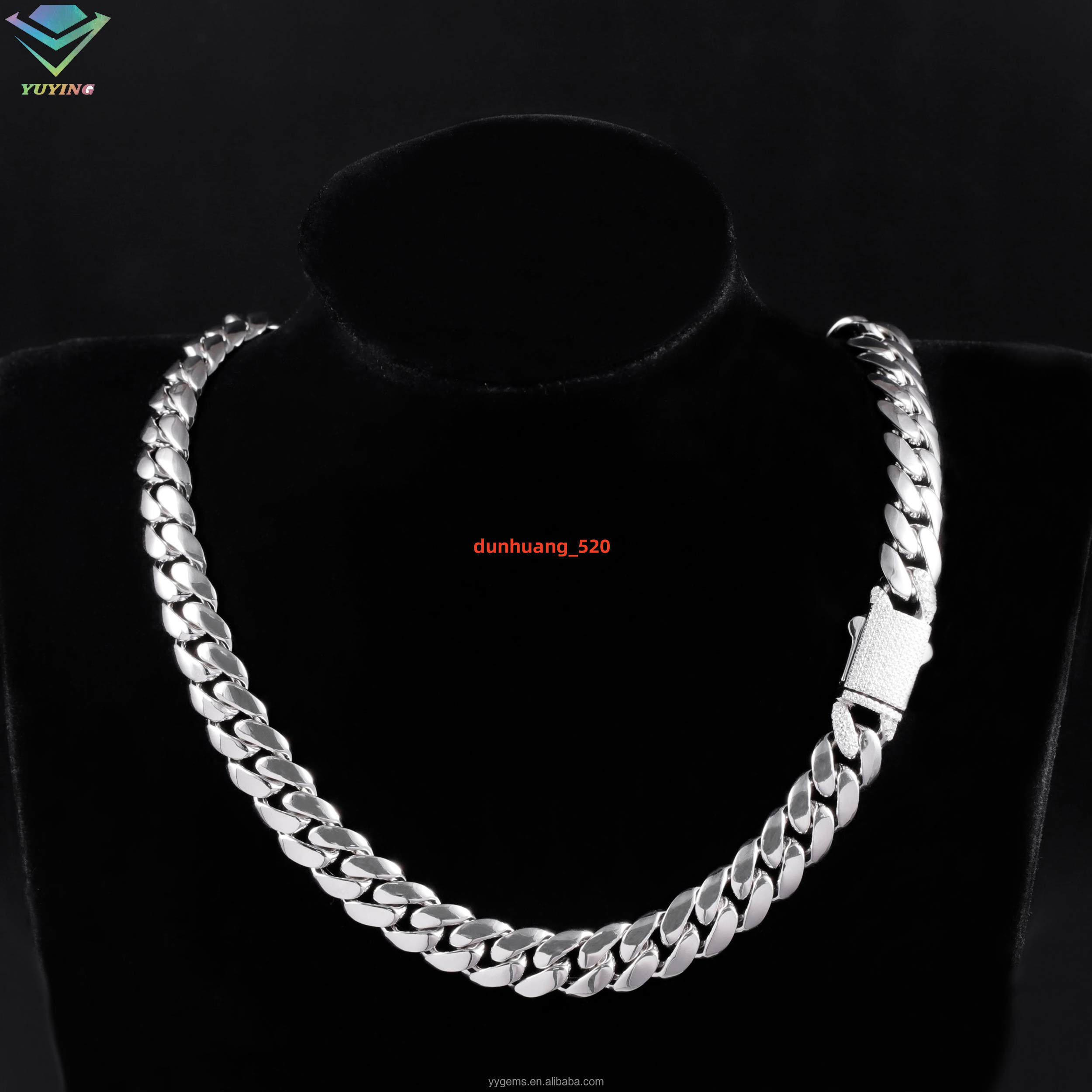 Spring/Snap Clasp White Gold Plated 8/10/13MM Miami Cuban Link Solid 925 Silver Plain Chain Moissanite Lock Cuban Chain Necklace