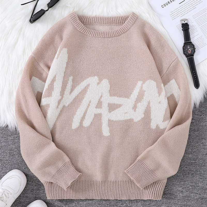 Spring Autumn Graffiti Jacquard Pattern Pullover Sweater Casual Round Neck Contrast Color Knitted Mens Pullover 250826