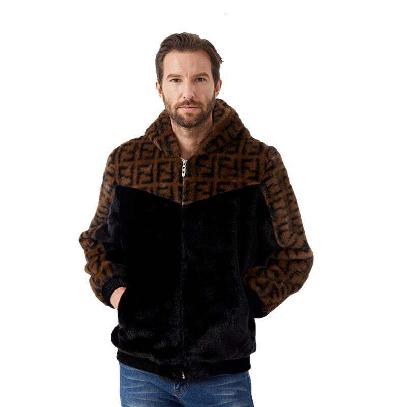 2025 Hot-Selling Autumn Winter Trendy High-End Color-Block Gold Hooded Faux Mink Velvet Jacket Coat