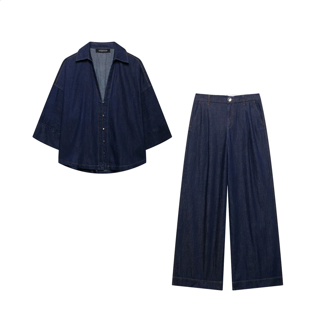 Fashion Denim Women 2 Piece Sets High Waist Wide Leg Pants Set Casual Loose Long Sleeved Shirt Top For Pieces 250827