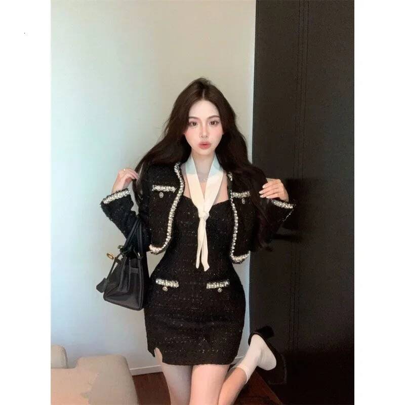 Women's Tweed Set Black Jacket And Mini Dress Two-Piece Ensemble Short Skirt Suit for Petite Ladies Autumn Fashion Trend dongdumaoyi