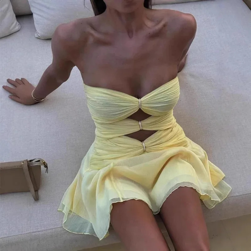 Syiwidii Solid Strapless Dress for Women Sexy Hollow Out n Pleated Mini Summer Fashion Chic Cocktail Dresses 250827