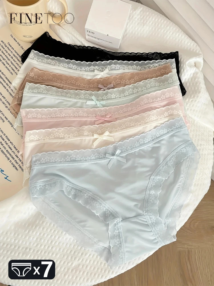 FINETOO 7Pcs Womens Summer Ultrathin Panties Sexy Seamless Underwear Low Waist Breathable Briefs Girls Lace Trim Bow Lingerie250826
