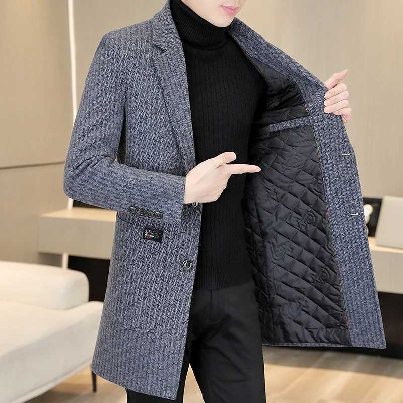Business Casual Mens MidLength Woolen Coats 2025 Winter Warm Striped Overcoat Outerwear CottonThicken Liner Windbreaker JacketsXJ250827