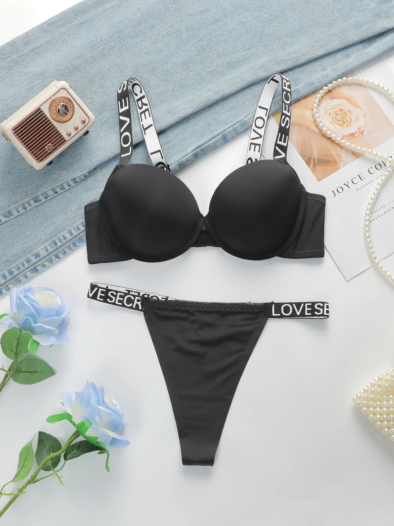 The selling Sexy Gathering Promotion Style Glossy Letter Shoulder Strap Twopiece Womens Underwear Set B2050250827