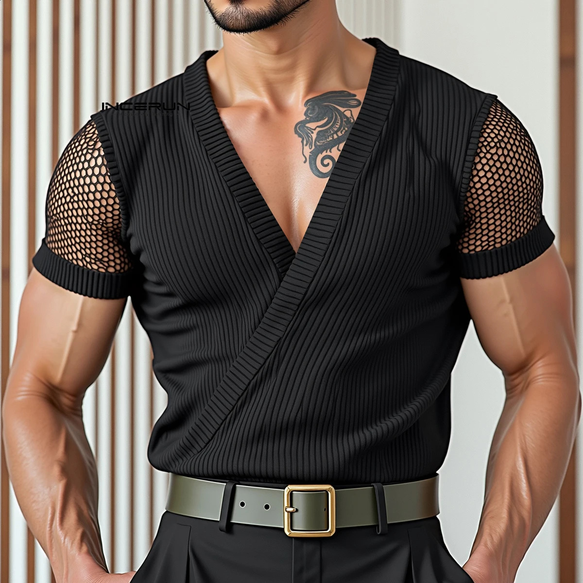 INCERUN Men T Shirt Mesh Patchwork V Neck Short Sleeve Male Tee Tops Summer Streetwear 2025 Fashion Casual Men Clothing S5XL250827