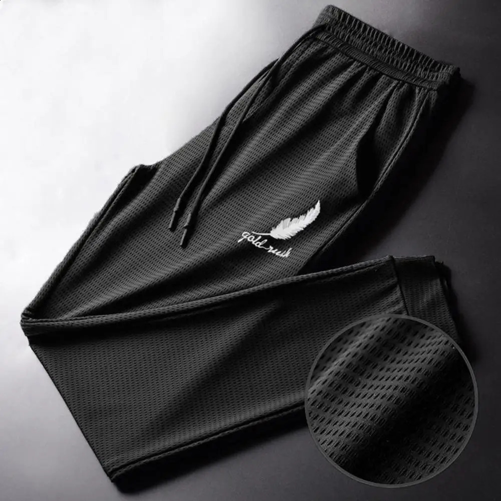 Men Pants Ice Silk Feather Print Breathable Sports Pants for Daily Wear Summer Thin Casual Trousers Fitness Running Pants250826
