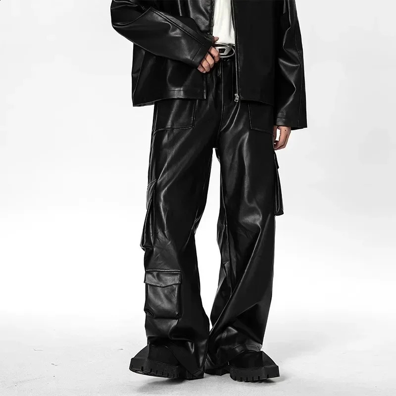 Mens Spring and Autumn Multipocket Cargo Pants Casual Pants American Hiphop Fried Street Punk Leather Pants 250826