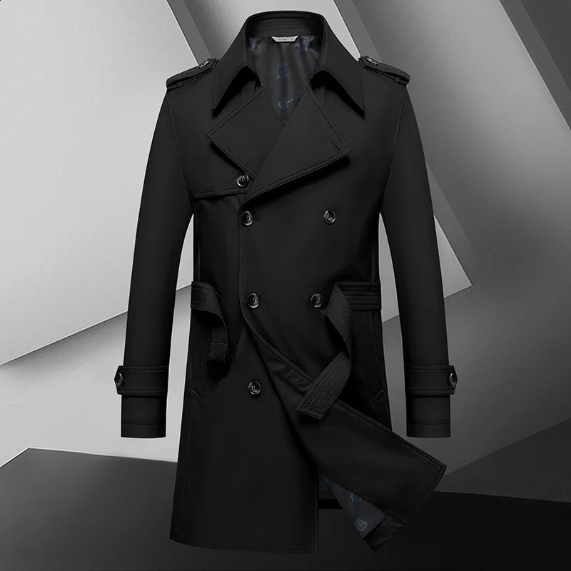 Autumn Mens Medium to Long Fashion Windbreaker Coat High Quality Double breasted British style Coat Series Belt Coat 250918BJ