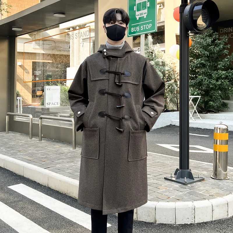 Koreanstyle Woolen Trench Men Horn Button Casual Long Windbreaker Winter Hooded Jacket Coats Fashion TrenchcoatXJ250827