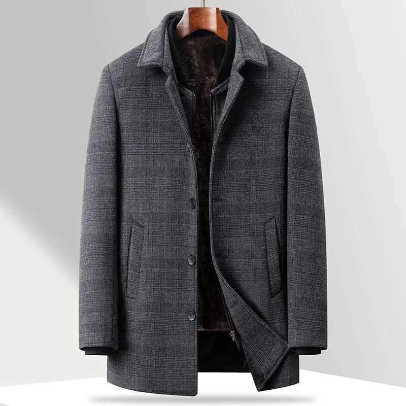 2025 Winter Mens Gray Plaid Woolen Coats Thick Warm Wool Blend Overcoat Outerwear Fleece Liner Windbreaker JacketXJ250827