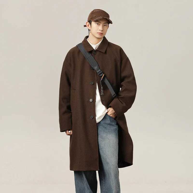 Mens Autumn and Winter New Korean Version of Loose Woolen Coat Solid Color Over The Knee Single Breasted Woolen CoatXJ250827