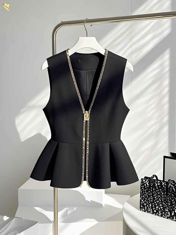 French Elegant Vests V Neck Sleeveless Solid Color Ruffles Patchwork Coats Spring Summer Female Slim All Match Womens Clothing 250823