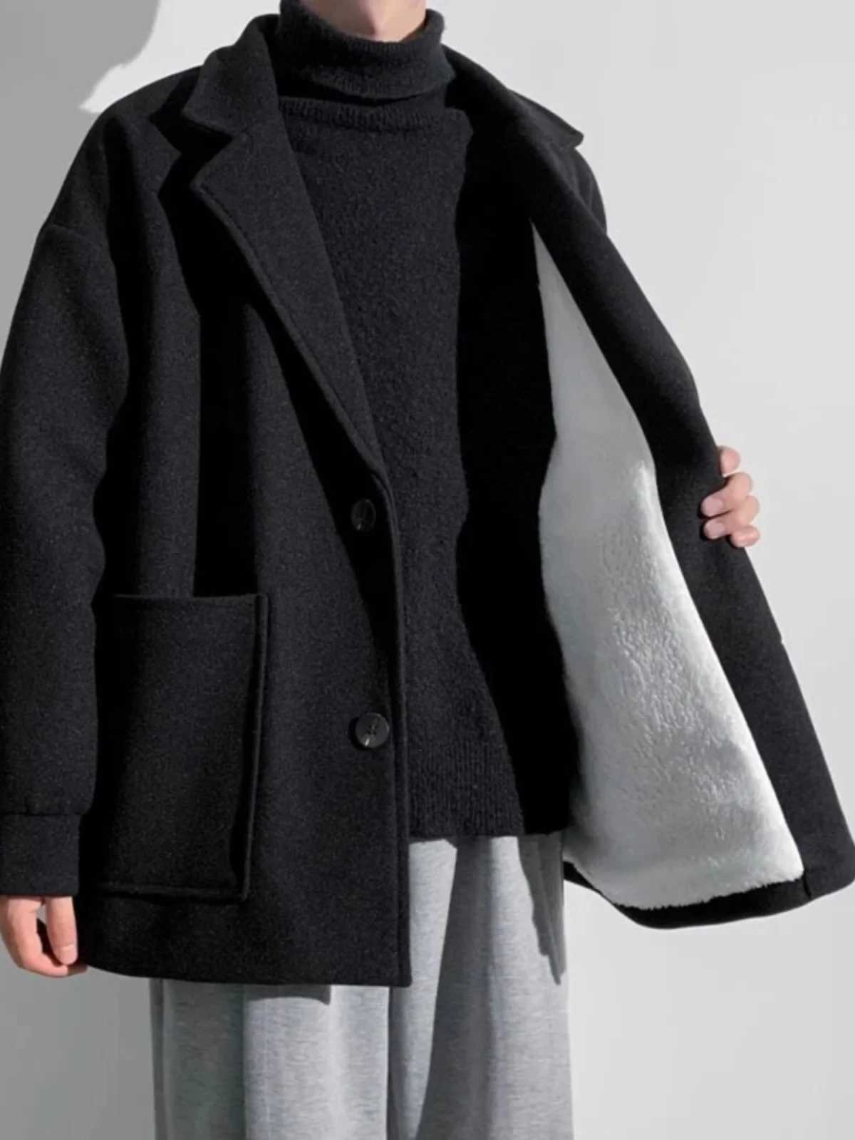 Mens Lamb Velvet Jacket Thiened Medium Sleeve Autumn Winter Woolen Suit Coat Lightweight Mature Sle Fashionable CoatXJ250827