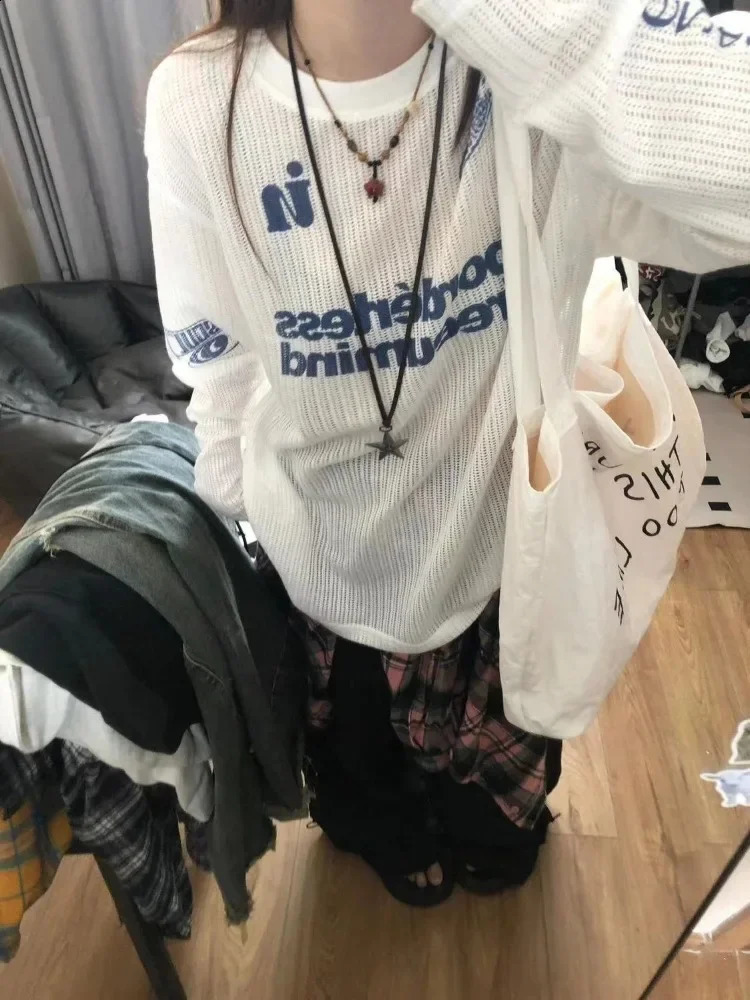HOUZHOU Y2k Kpop Oversize Women Tshirts Hollow Out Harajuku Sexy Gyaru Streetwear Long Sleeve Knitted Top Korean Fashion Casual 250826