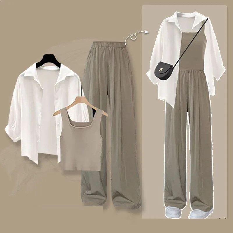 Summer Fashion Tracksuit Matching Set Womens Elegant White ShirtVestCasual Wide Leg Pants 3Piece Suit 250827