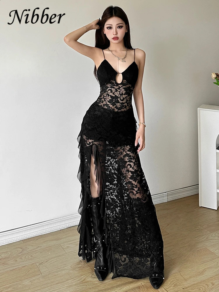 Nibber Sexy See Through Lace Sleeveless Long Dress Women Patchwork Summer Backless Vneck Side Slit Party Evening Maxi Vestidosww250826