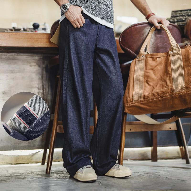 Men's High Quality Jeans Maden Vintage Selvedge Denim Heavyweight Blue Loose Fit Wide-Leg Zip Cotton Trousers With Pockets
