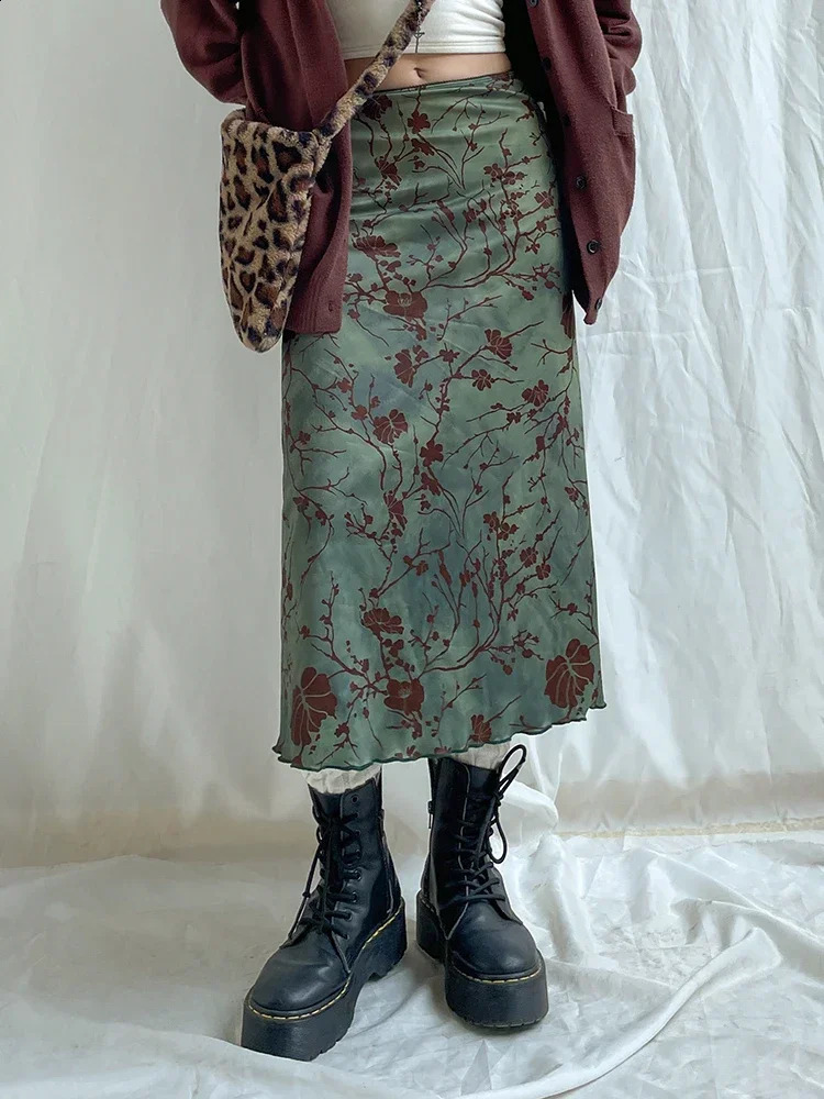 Harajuku Floral Print Long Skirt Vintage Low Rise Straight Midi Skirts for Women Autumn Basic Allmatch Ladies Y2k 250827