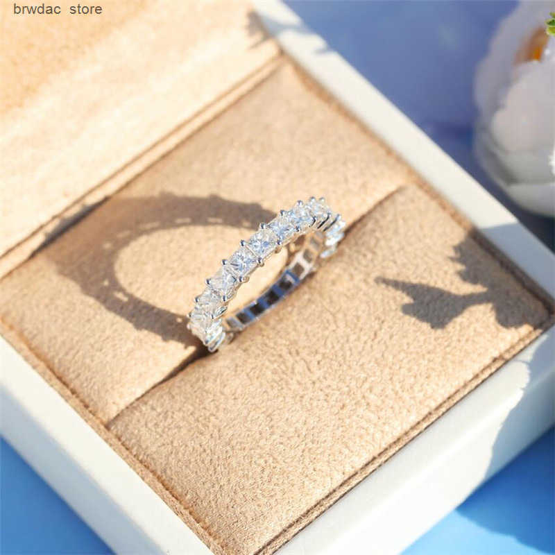 Classic Fine Jewelry 925 Sterling Silver Full Princess Cut White Topaz CZ Diamond Gemstones Eternity Square Party Women Wedding Band Ring Z250827