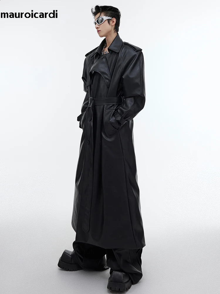 Mauroicardi Spring Autumn Long Waterproof Oversized Black Brown Pu Leather Trench Coat Men Belt Double Breasted Leather Overcoat 250918BJ