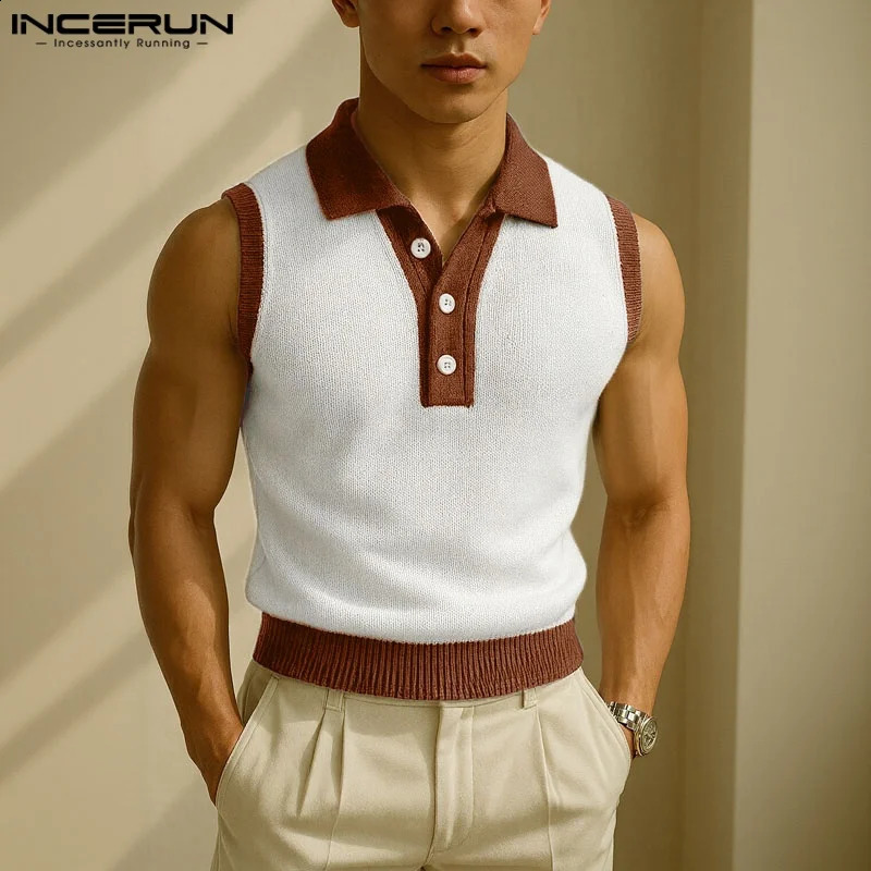 INCERUN Summer Mens Tank Tops Patchwork Lapel Sleeveless Button Casual Men Clothing Streetwear 2025 Fashion Male Vests S5XL250827
