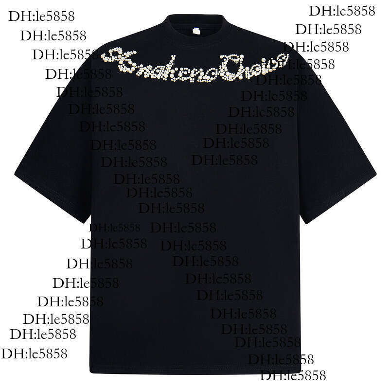 Light Luxury Letter Pearl Rhinestone Design Men's Loose Black Crew Neck Short Sleeve T-Shirt High Street Trend Tee 78