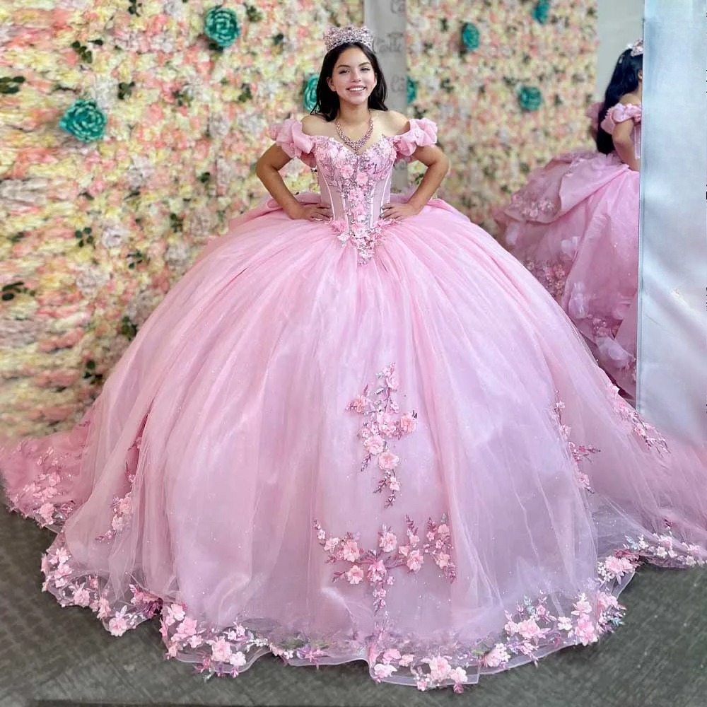 Charming 3D Appliques Quinceanera Dresses Off the Shoulder Ball Gown Lace Up Royal Train Abendkleider Customized