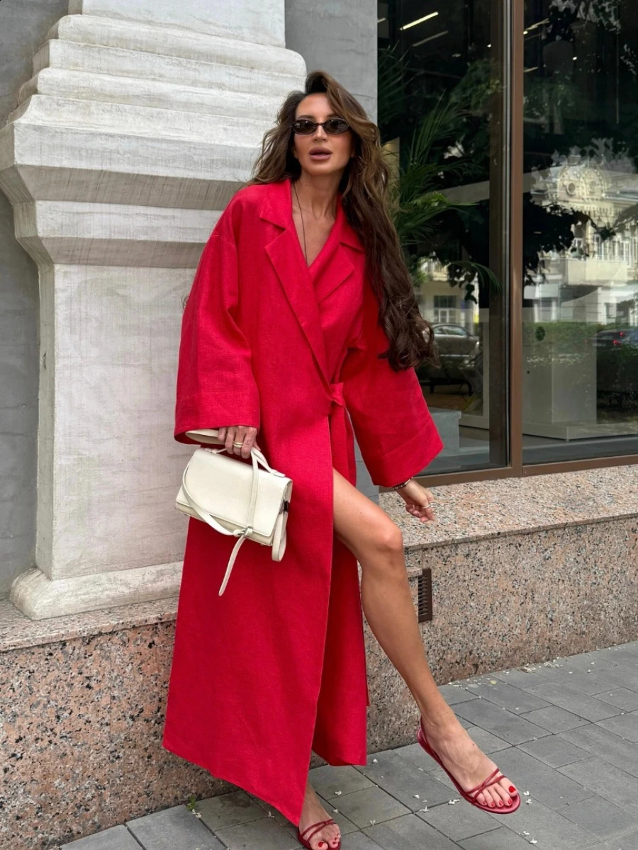 Muzuleva Summer Womens Stylish Red Linen Wrap Maxi Dress Lapel Kimono Sleeve Belted Long Robe Elegant Chic 250827