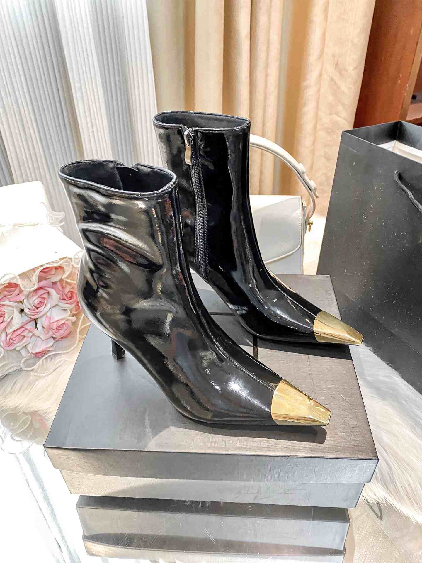 boots designer womens booties heel black shoes high quality leather kitten heels luxury stiletto pumps golden metal tip winter boots autumn gothic c