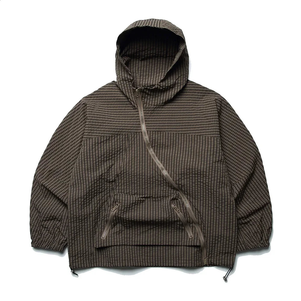 Autumn Plaid Oblique Placket Hooded Jacket Men Streetwear Korean Fashion Loose Outdoor Cargo Cityboy Coat Outerwear 250827