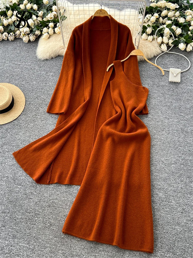 SINGREINY Autumn Warm Knit Suits Outerwear Thick Loose Long CardiganSkew Collar Elastic Bodycon Dress Korean Women Sweater Sets 250827