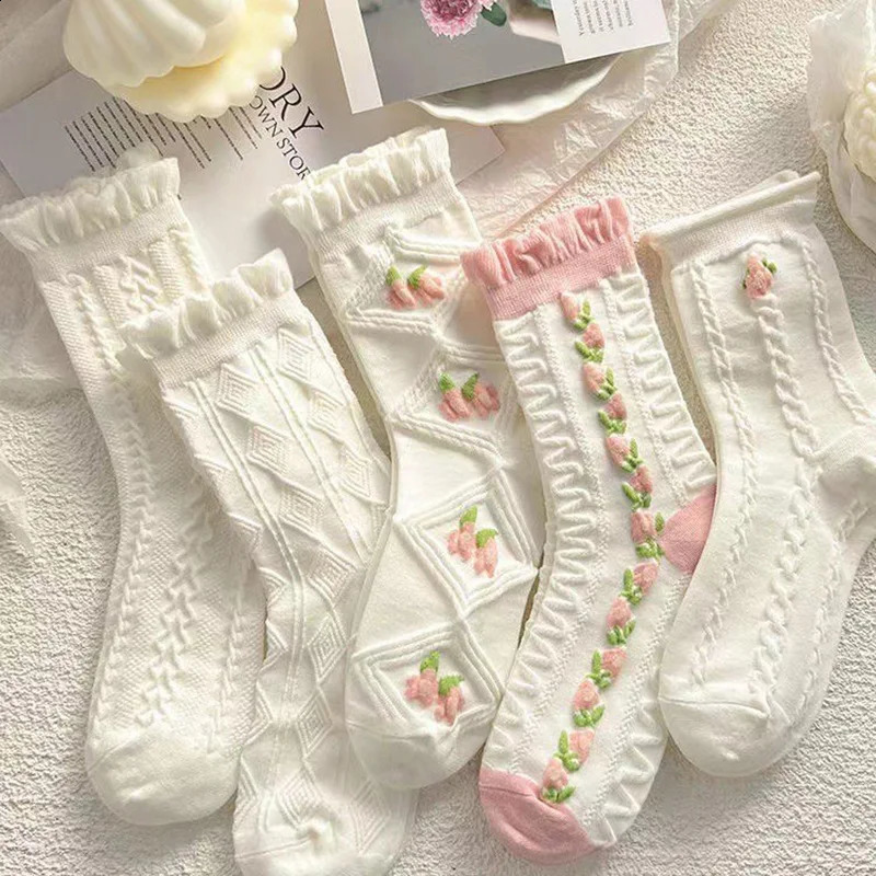 5 Pairs Cute Lace Mid Tube Socks Womens Lolitajk Ruffled Harajuku Style Autumn Winter Soft Versatile Fashionable Girl 250827