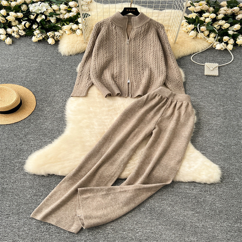 SINGREINY Women Thick Sweater Suits Zipper n Loose PulloversElastic Wide Legs Fashion Warm Knitted Two Pieces Sets 250826