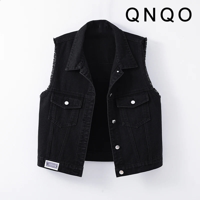 QNQO Black Denim Vest for Women Turndown Collar Pockets Sleeveless Coat 2024 Single Breasted Fashion Female Jean Vests 250823
