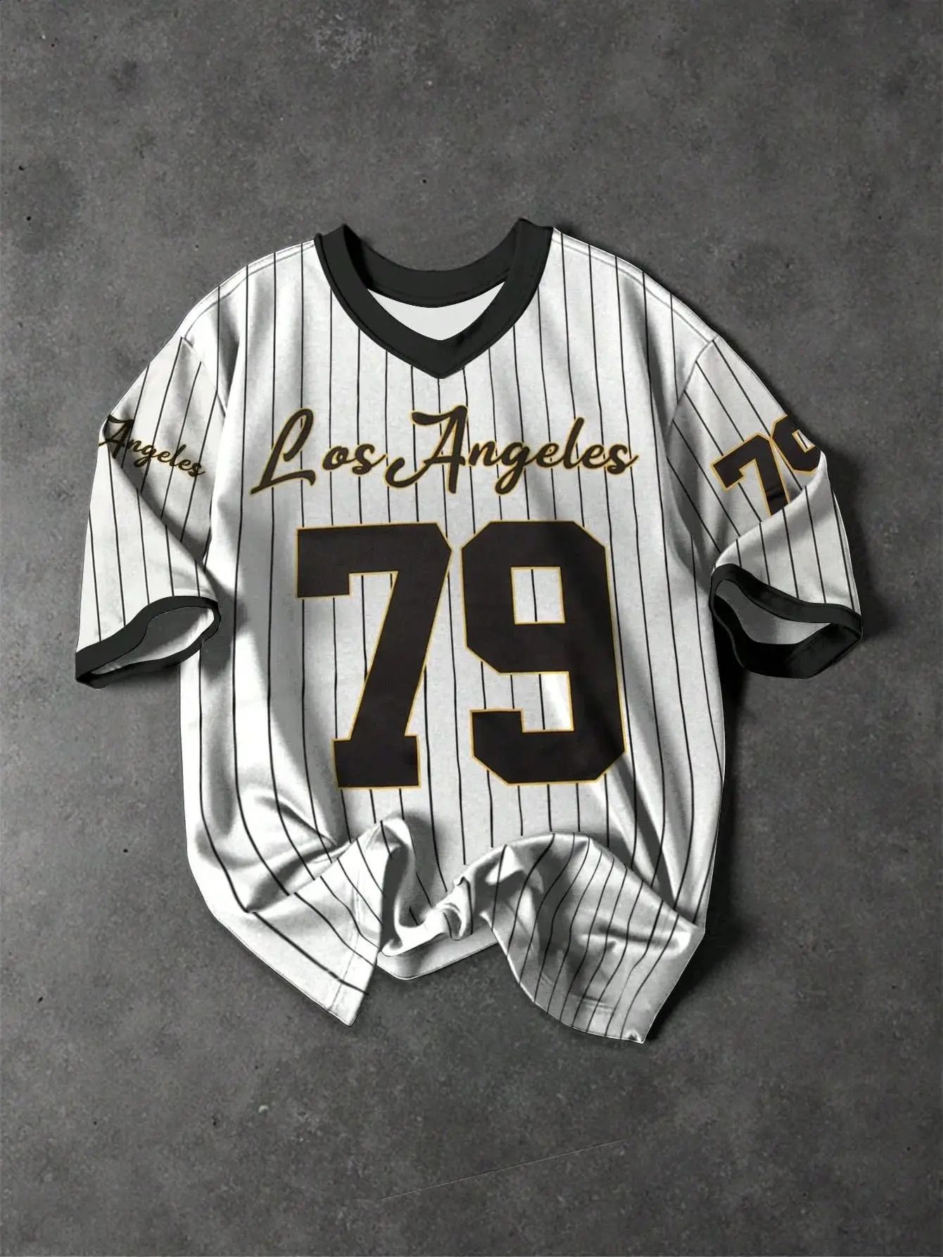 2025 summer Vneck Tshirt Mens sports printed shortsleeved retro baseball chic 250826