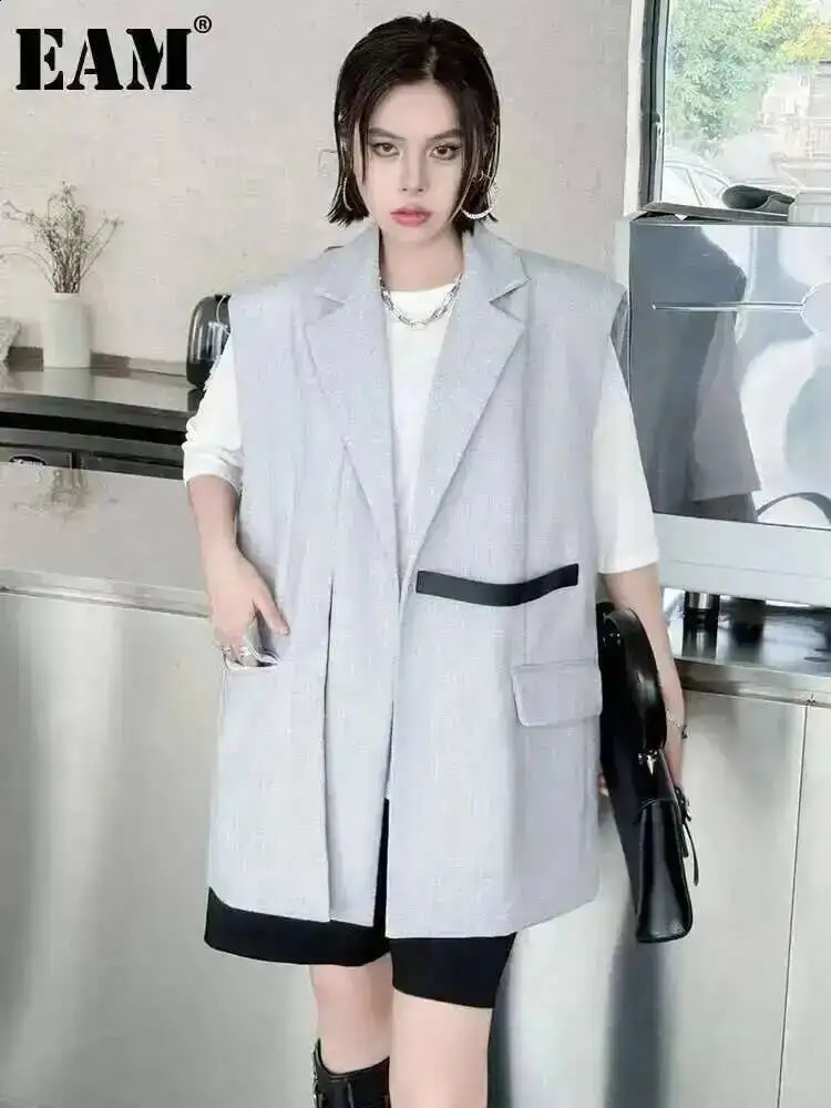 EAM Women Gray Pu Leather Slit Big Size Irregular Long Vest Lapel Sleeveless Fashion Spring Autumn 2025 1DJ0542 250823