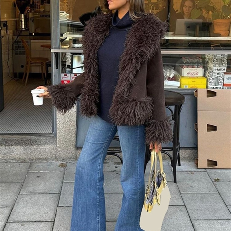 Vintage Solid Faux Fur Jackets Women Casual Plush Lapel Open Coats Female Autumn Winter Trendy Elegant Warm High Street Outwear250826