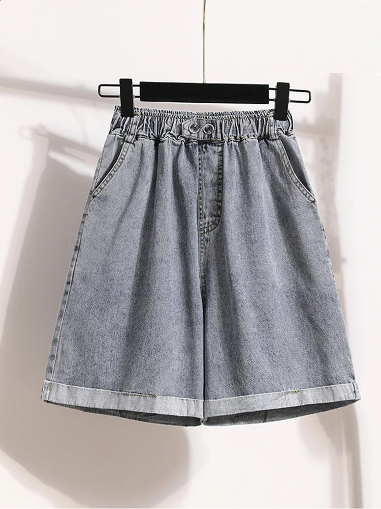 Plus Size Shorts For Women Summer Arrivals High Elastic Waist Crimping Wide Leg Loose Streetwear Blue Jeans 250827